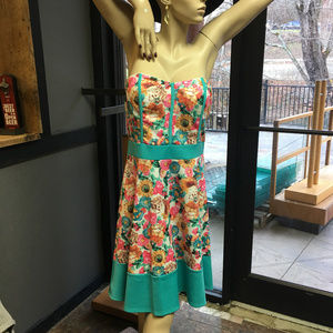 Cute bright strapless dress floral aqua pinup NEW